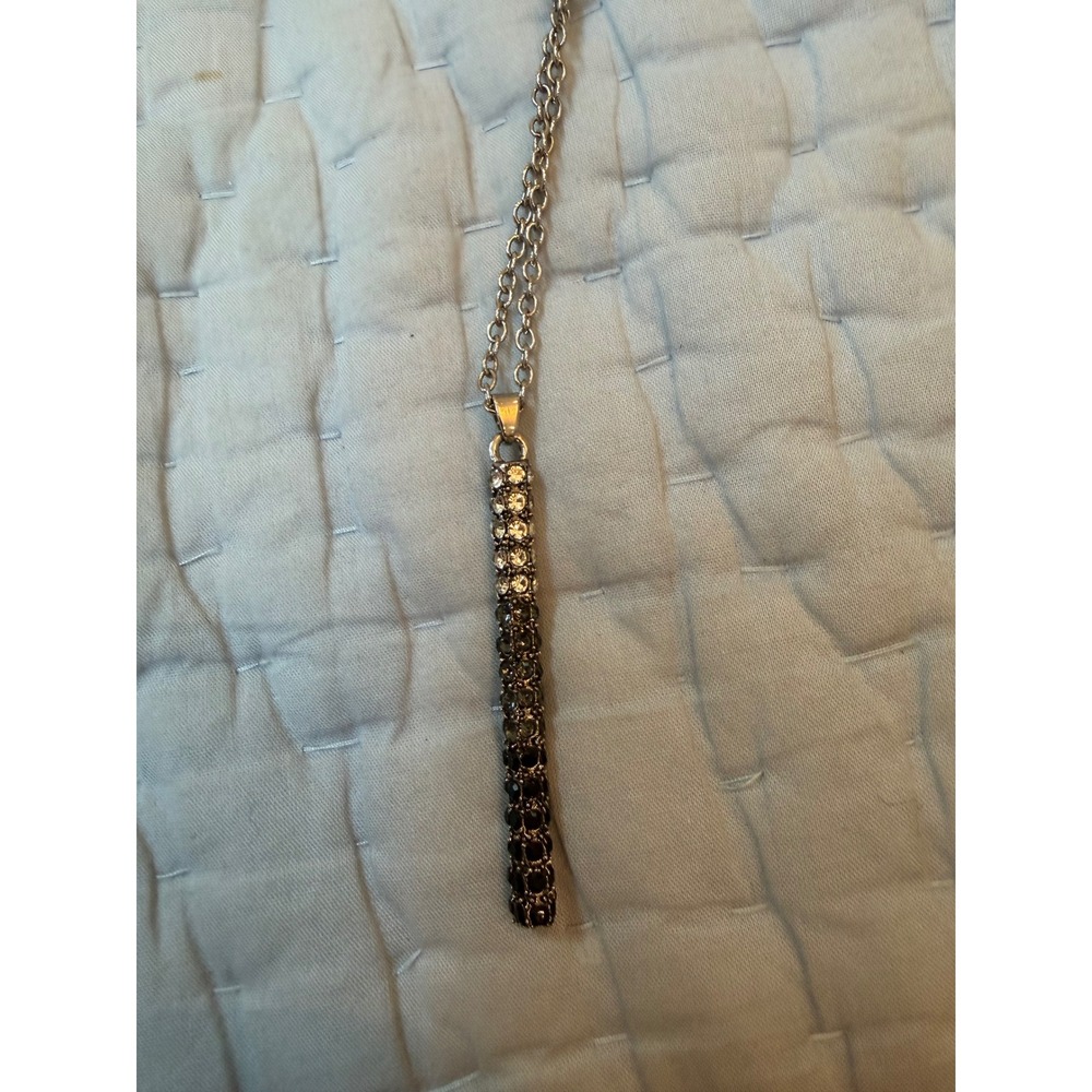 Silver Tone Ombre Rhinestone Bar Pendant Necklace Long Link Chain Adjustable